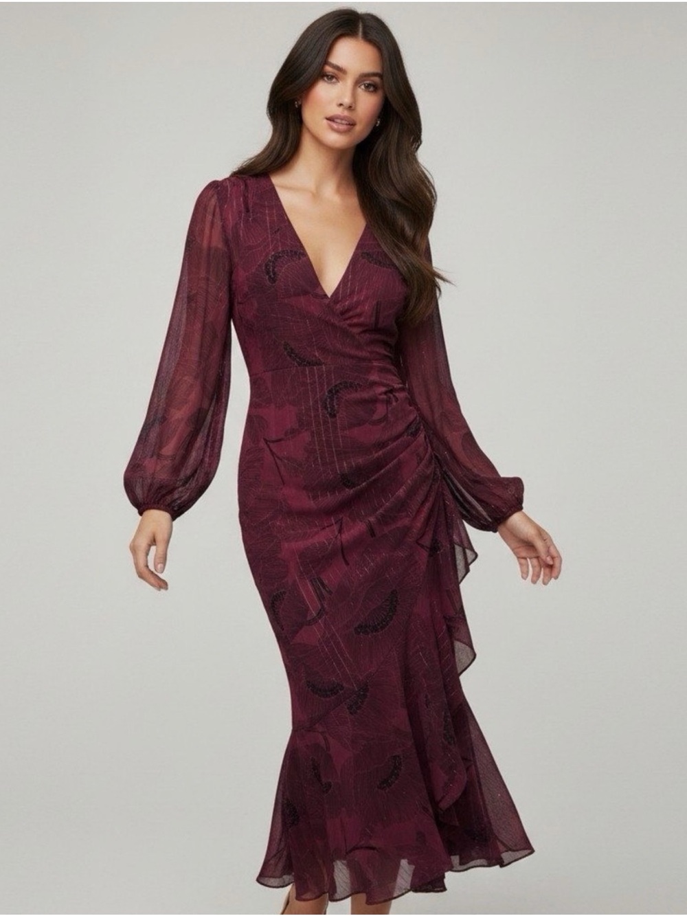 ASTR Burgundy Long Sleeve Ruched Wrap Midi Dress